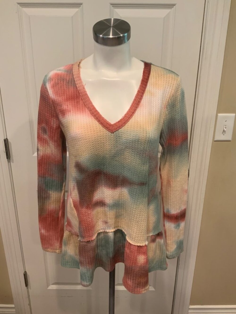 Erin + Ali Anthropologie Rainbow Pastel Tie Dye Waffle Knit Top, Size Small